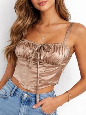 Satin Tie-Front Bustier Crop Top in Champagne